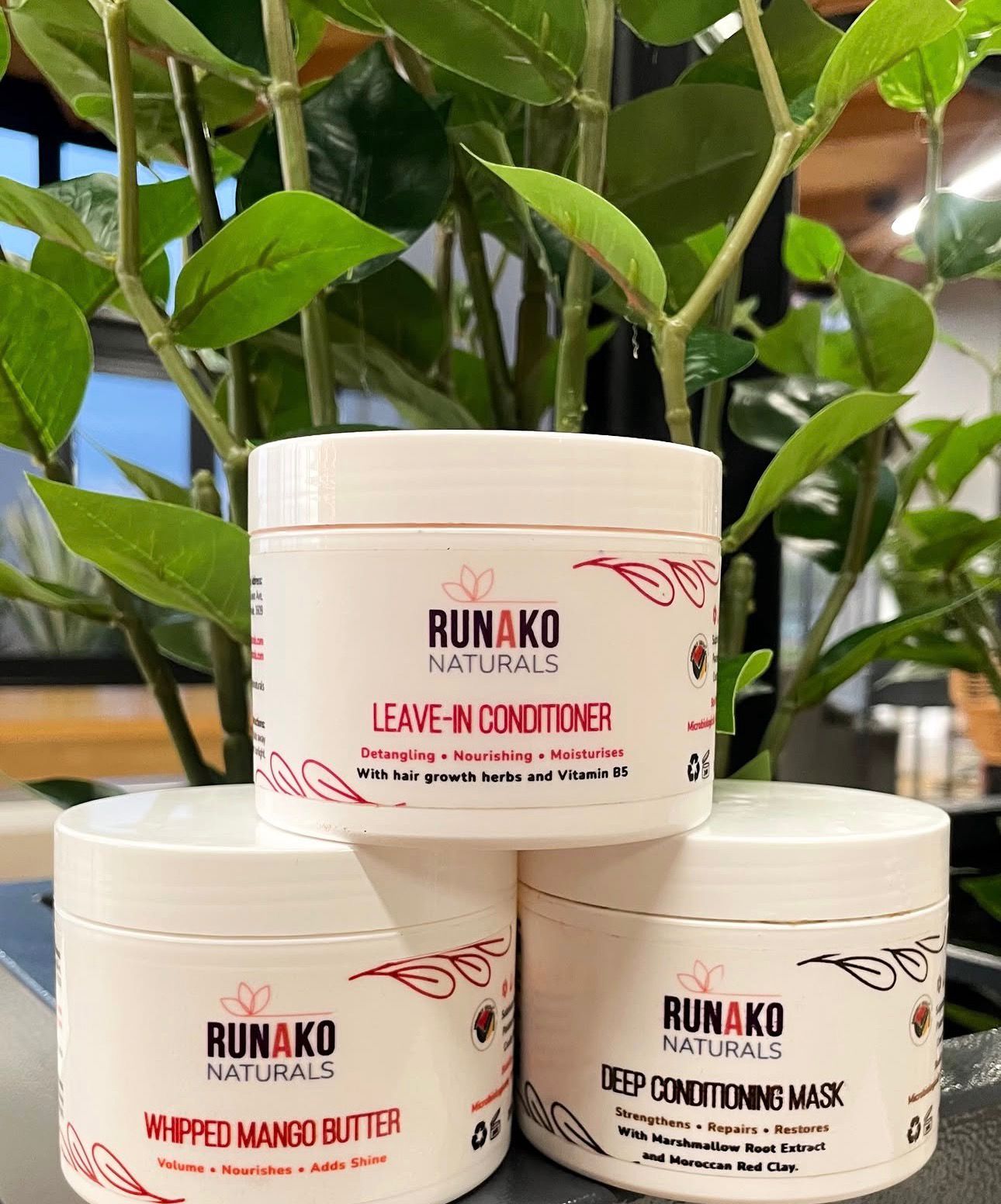 Runako Naturals leave-in conditioner, whipped mango butter, and deep conditioning mask
